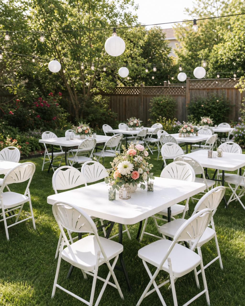White plastic folding tables and chairs in a garden party setting